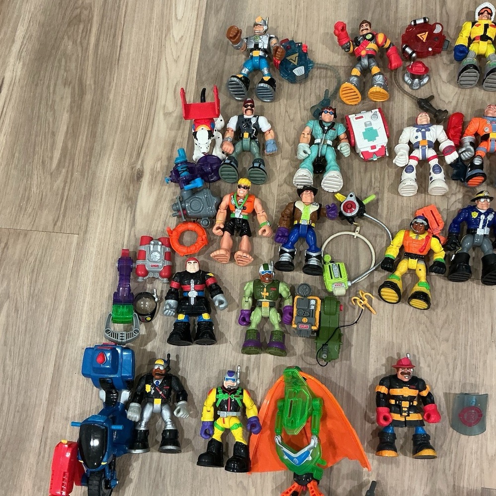 Vtg Fisher Price Rescue Heroes Figures Backpacks Vehicle Animals Lot 50+ Piece - Picture 5 of 8